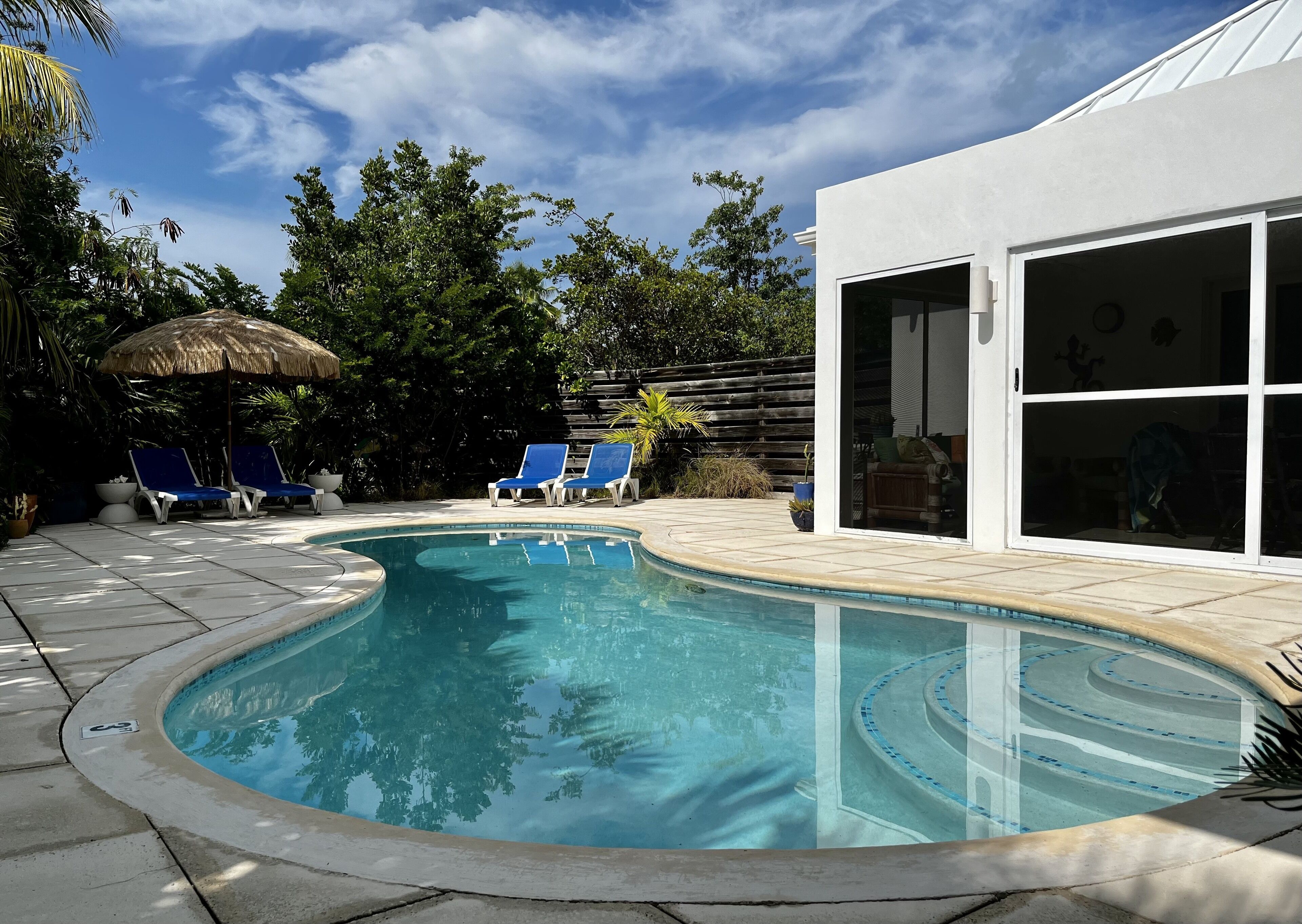 The pool lies between the villa and a wood fence.