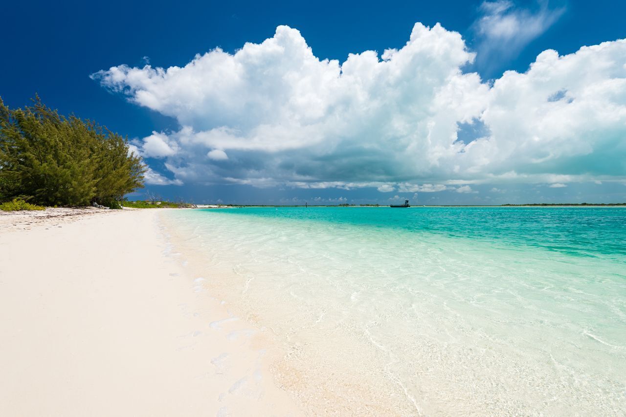 The beach and the clear sea.