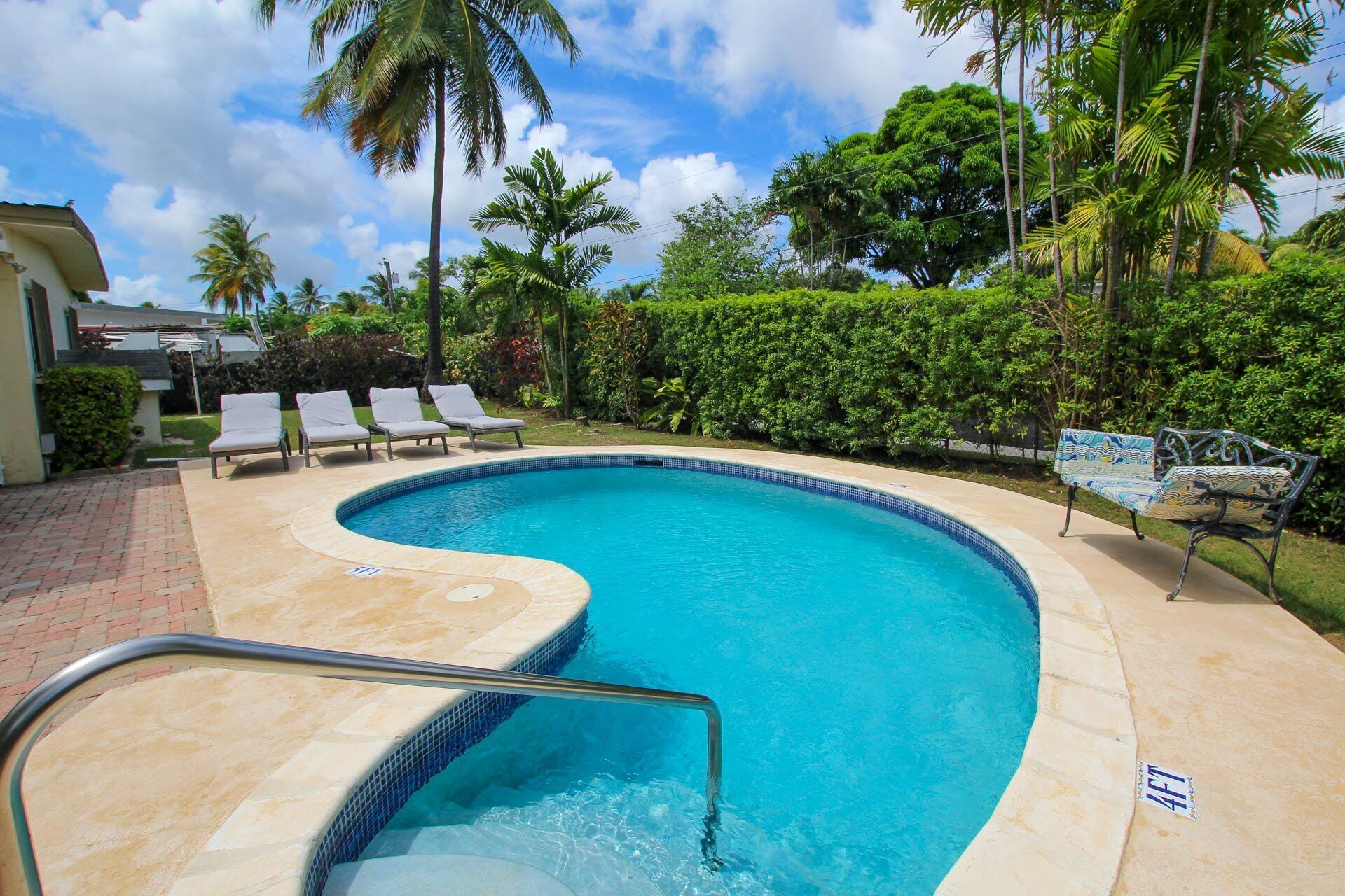 The pool with a handrail, with sun loungers at the side.