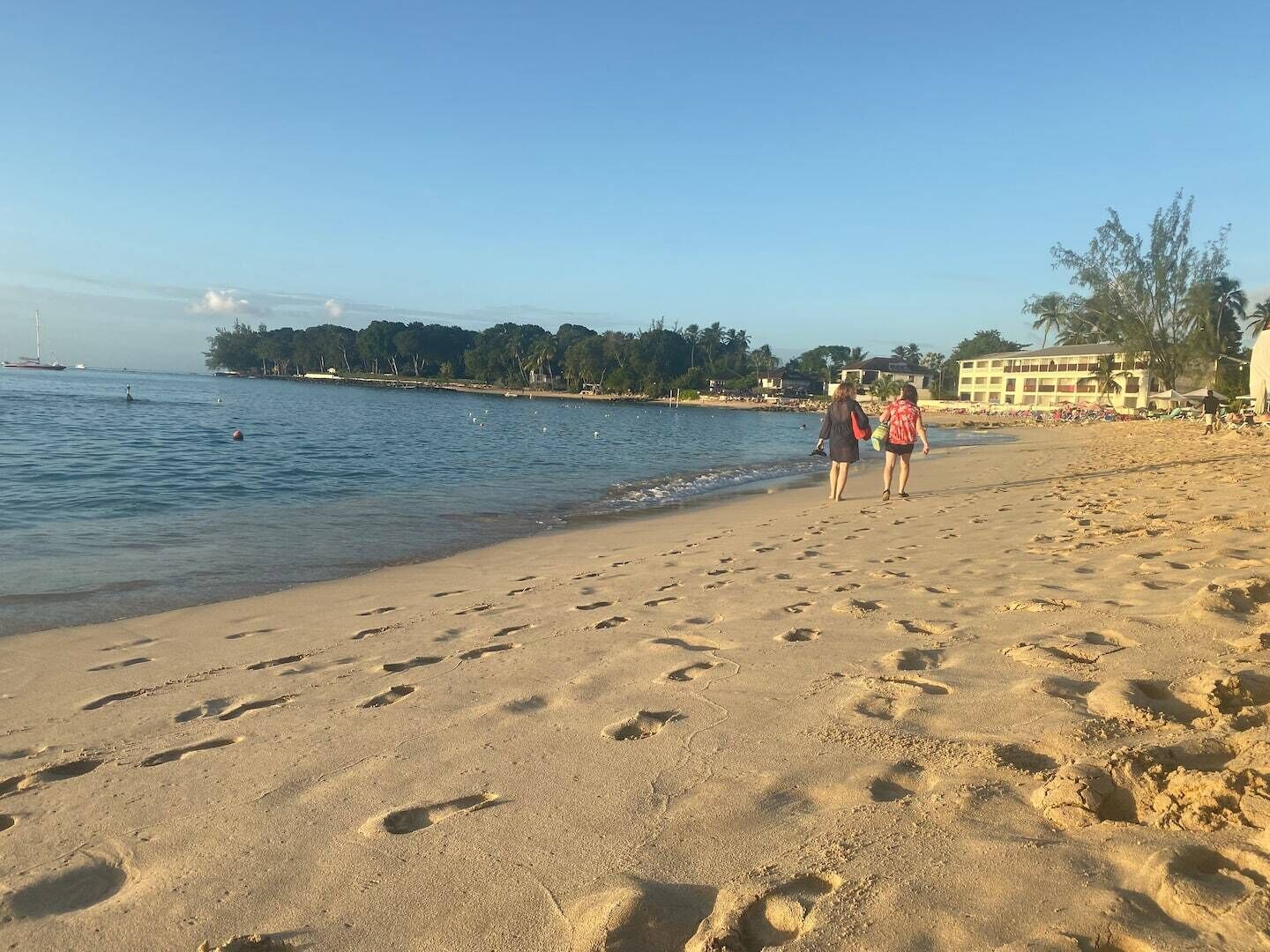 A beach with calm water in the morning light.