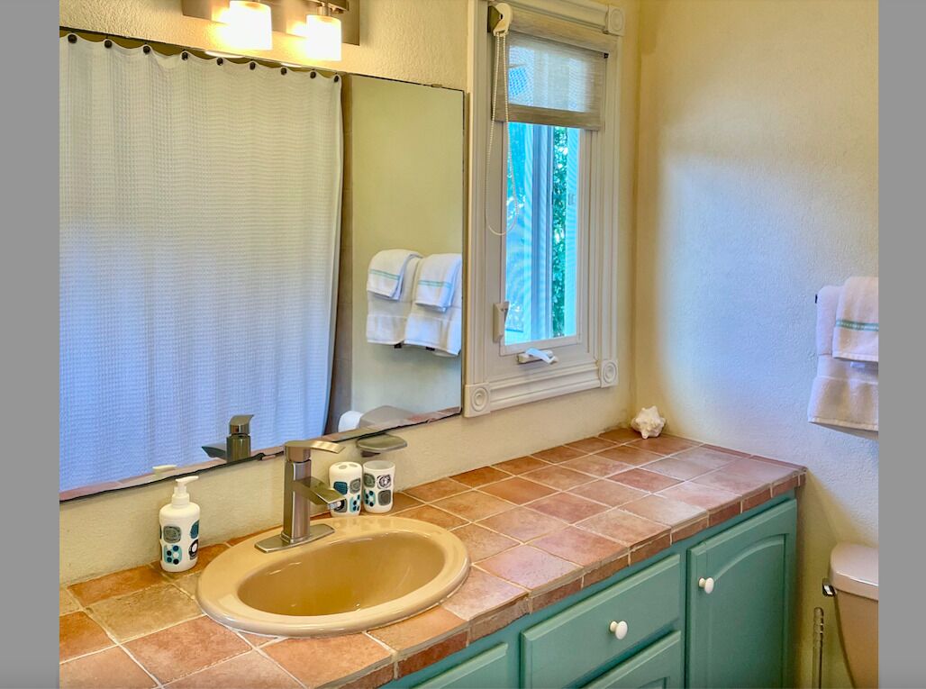 A bathroom with a sink, a mirror, and a window.