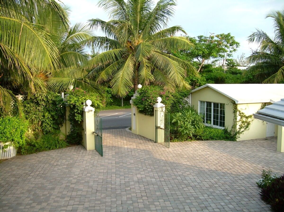 The paved driveway and the open gate, with palm trees around.