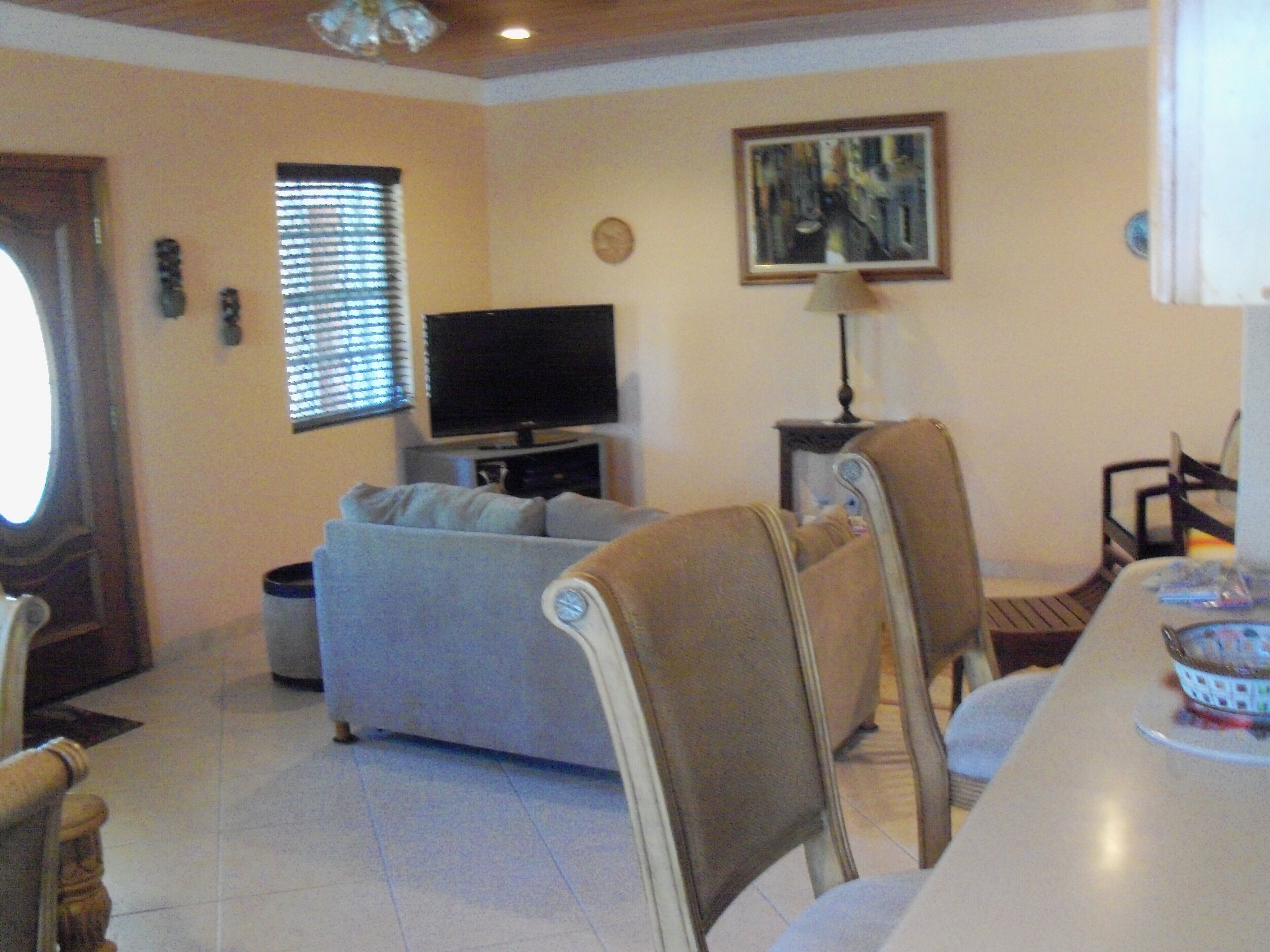 The living area has a sofa, a television, and the front door.