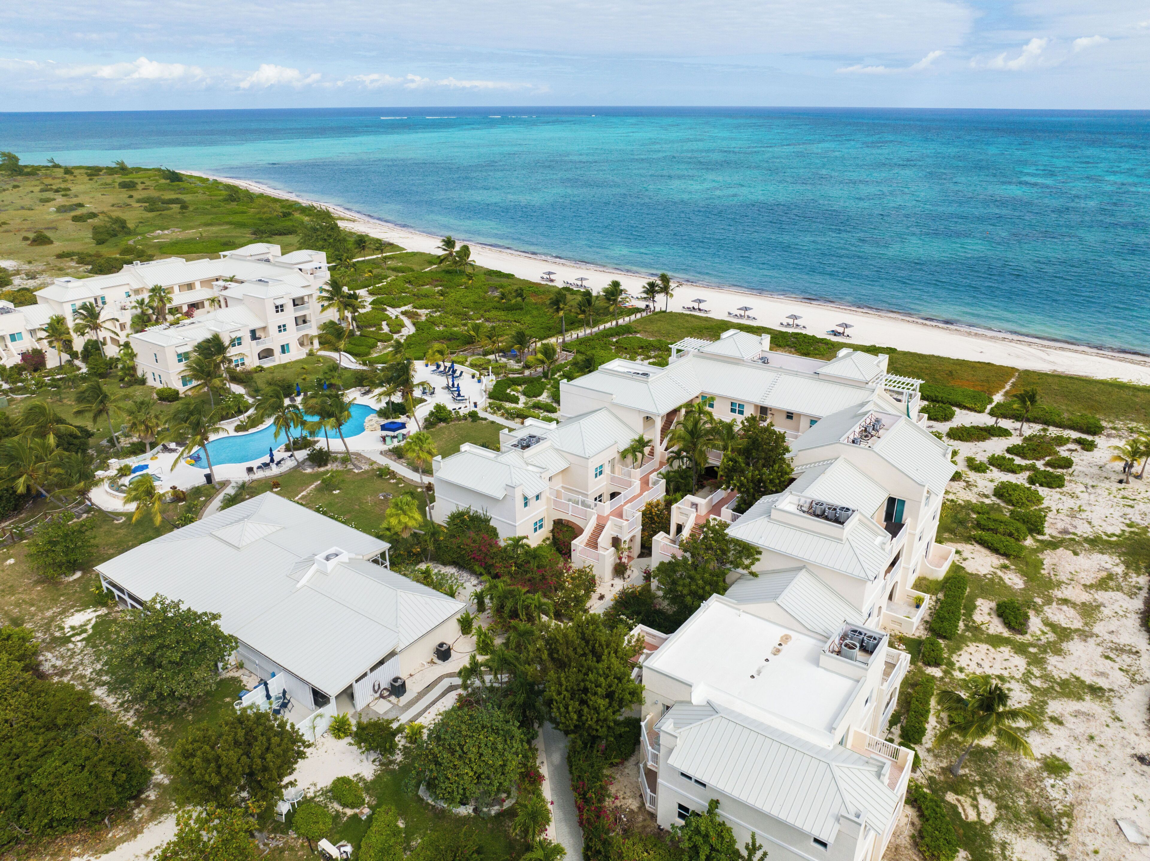 An aerial view of the buildings, the pool, the beach, and the sea.