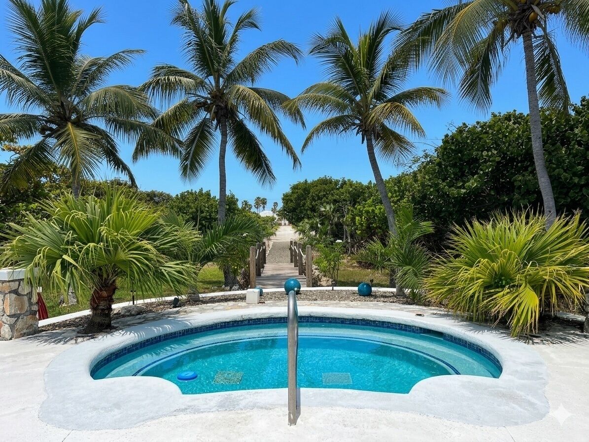 A round plunge pool with palm trees around it.