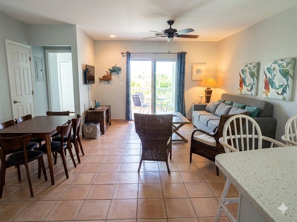 A dining table and a living area with a tile floor.