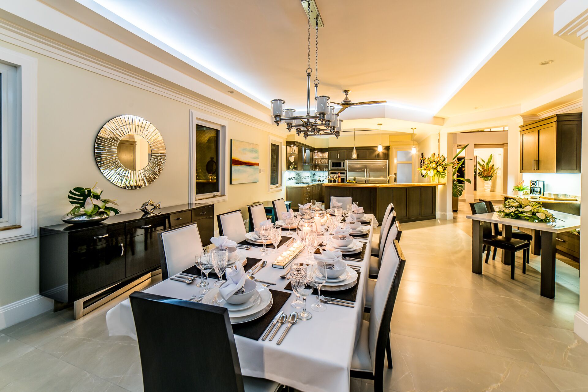 The dining room and the open kitchen at night.
