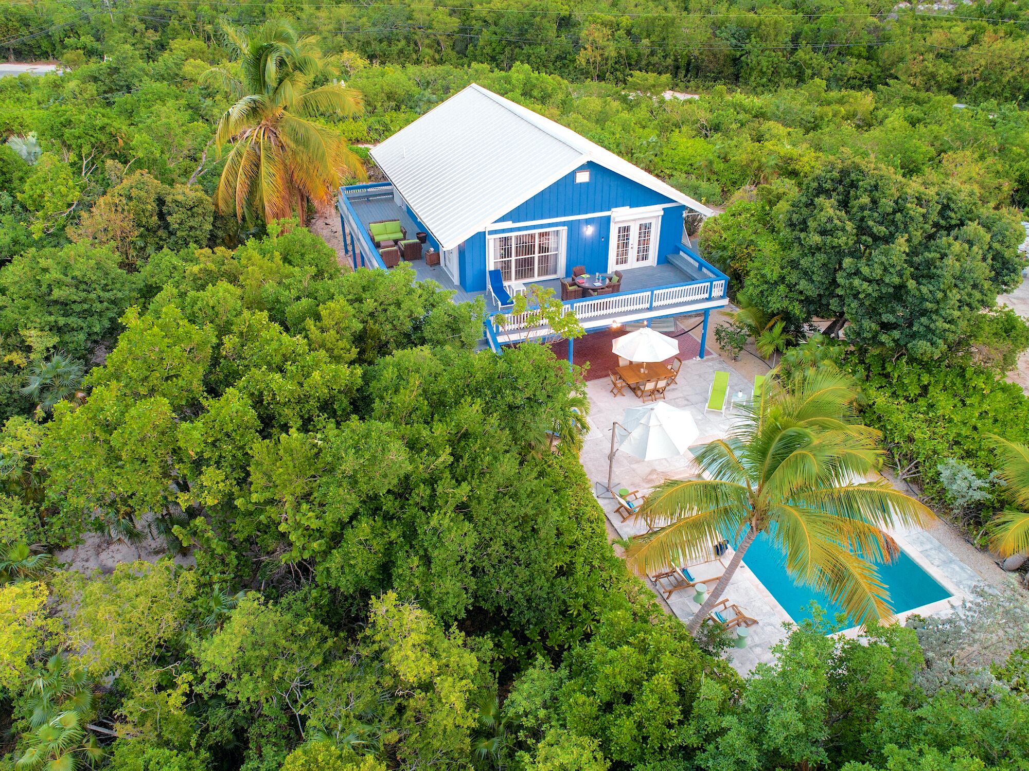 The villa from above, among trees.
