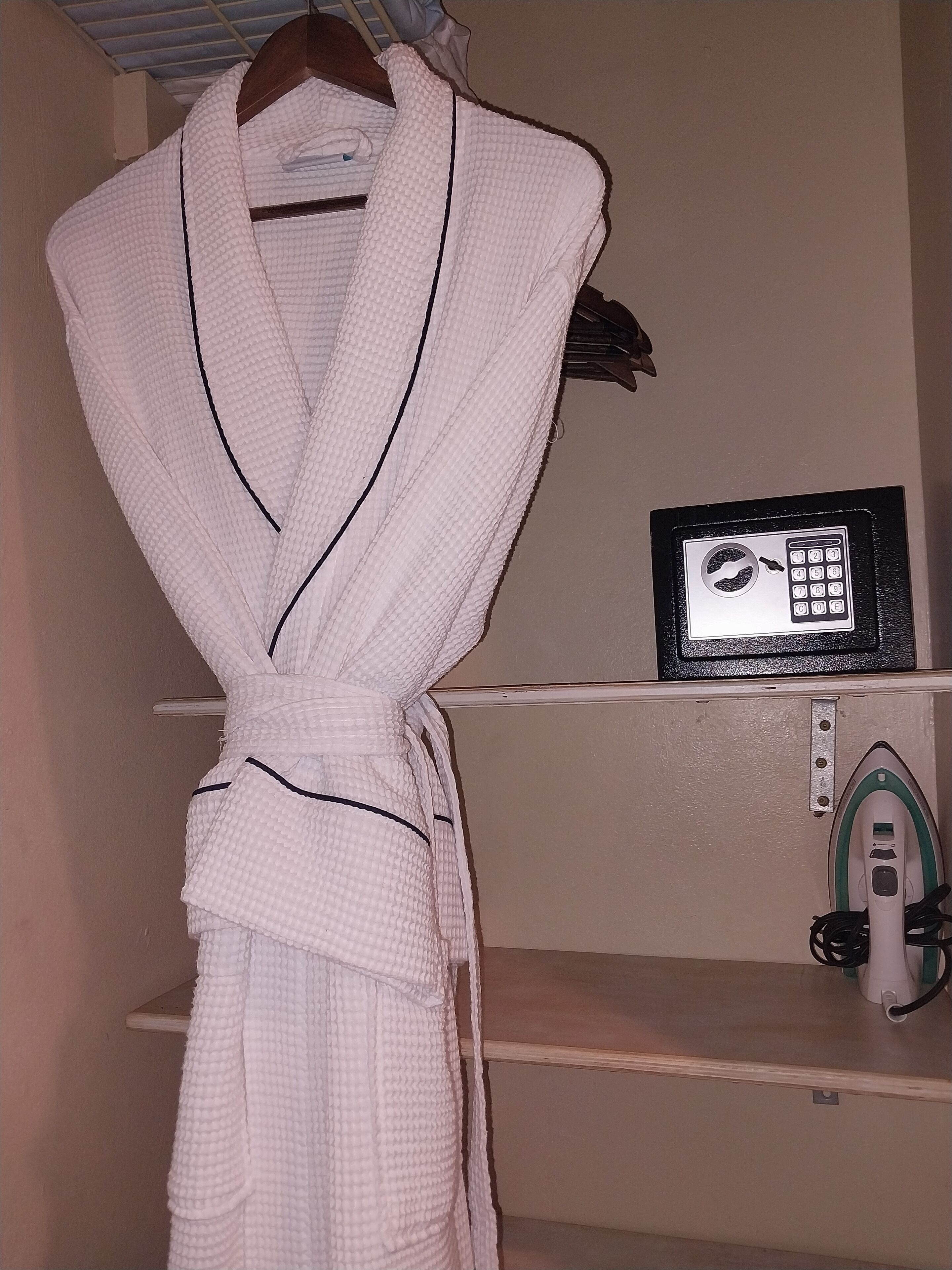 A robe, a safe, and an iron in the closet.