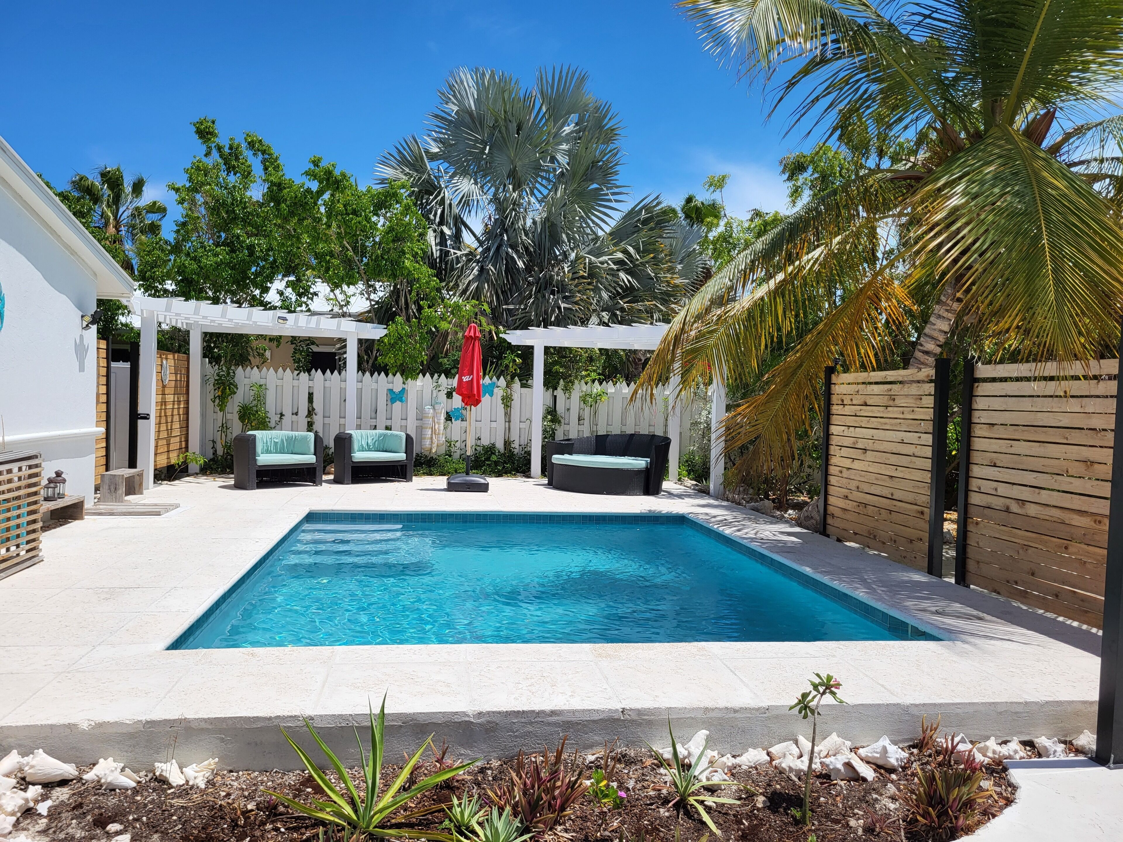 The pool with palm trees, a pergola, and seating areas.