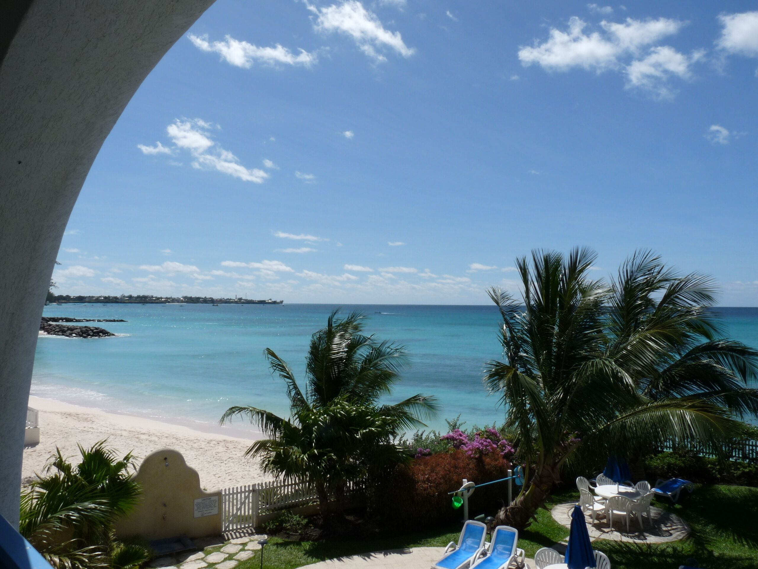 A view of the beach and the garden from the balcony.