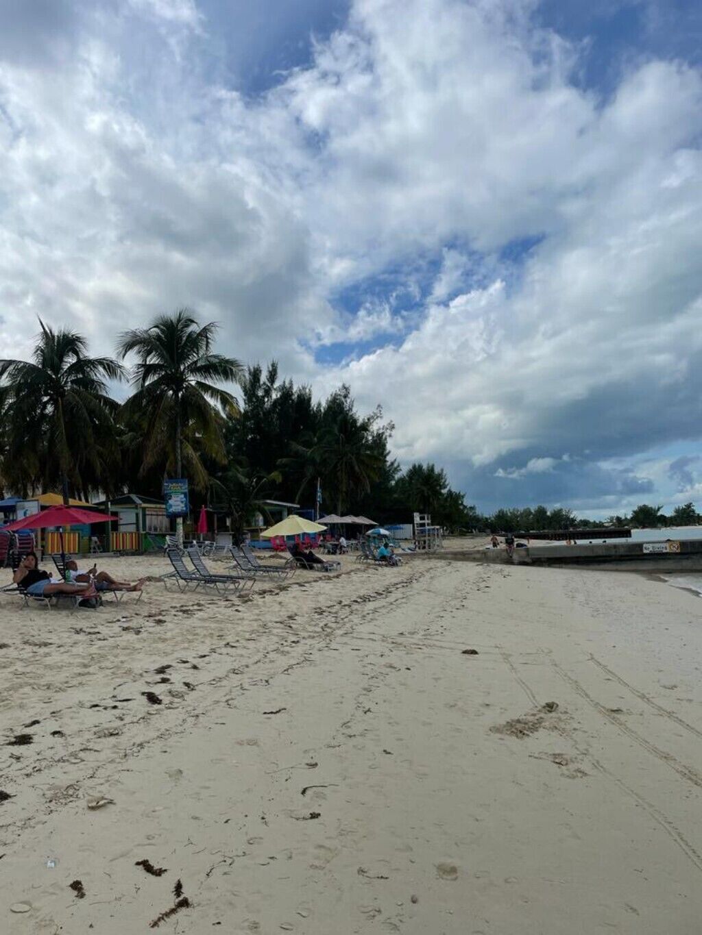 A beach with sun loungers, umbrellas, and palm trees.
