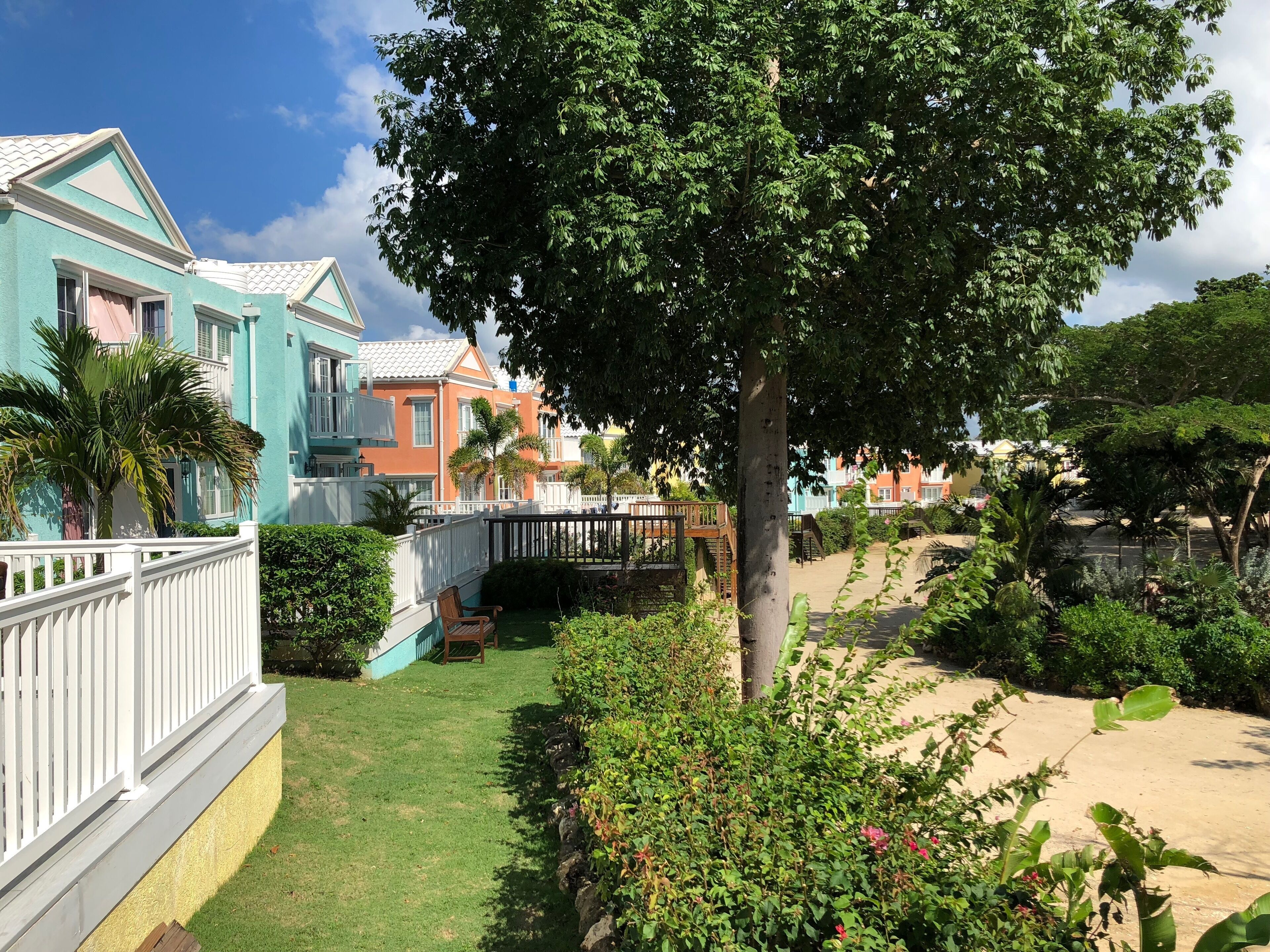 A lawn with a bench lies between the townhomes and a walkway.