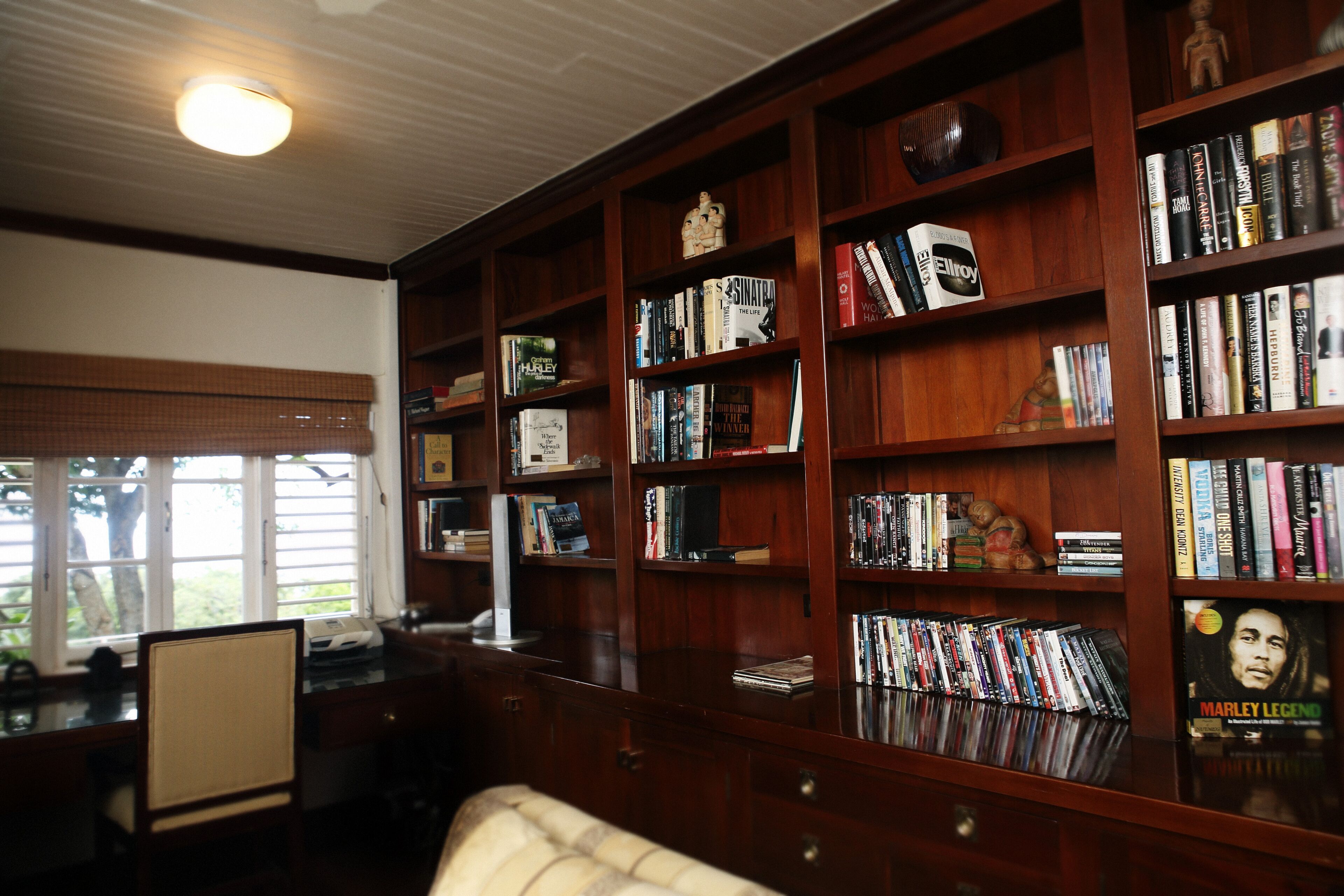 The study with a desk and shelves of books and films.