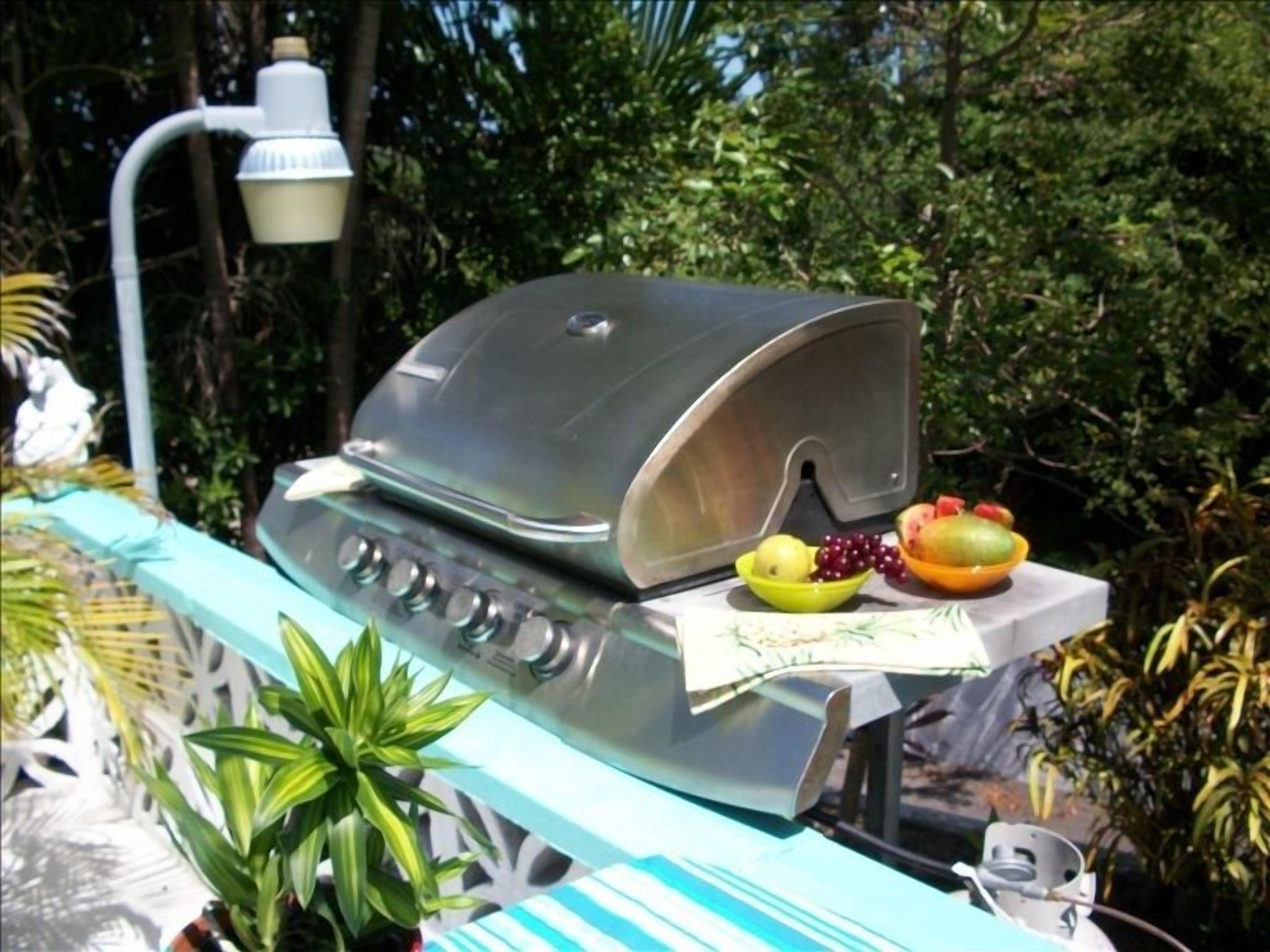 A gas grill with bowls of fruit on the patio wall.