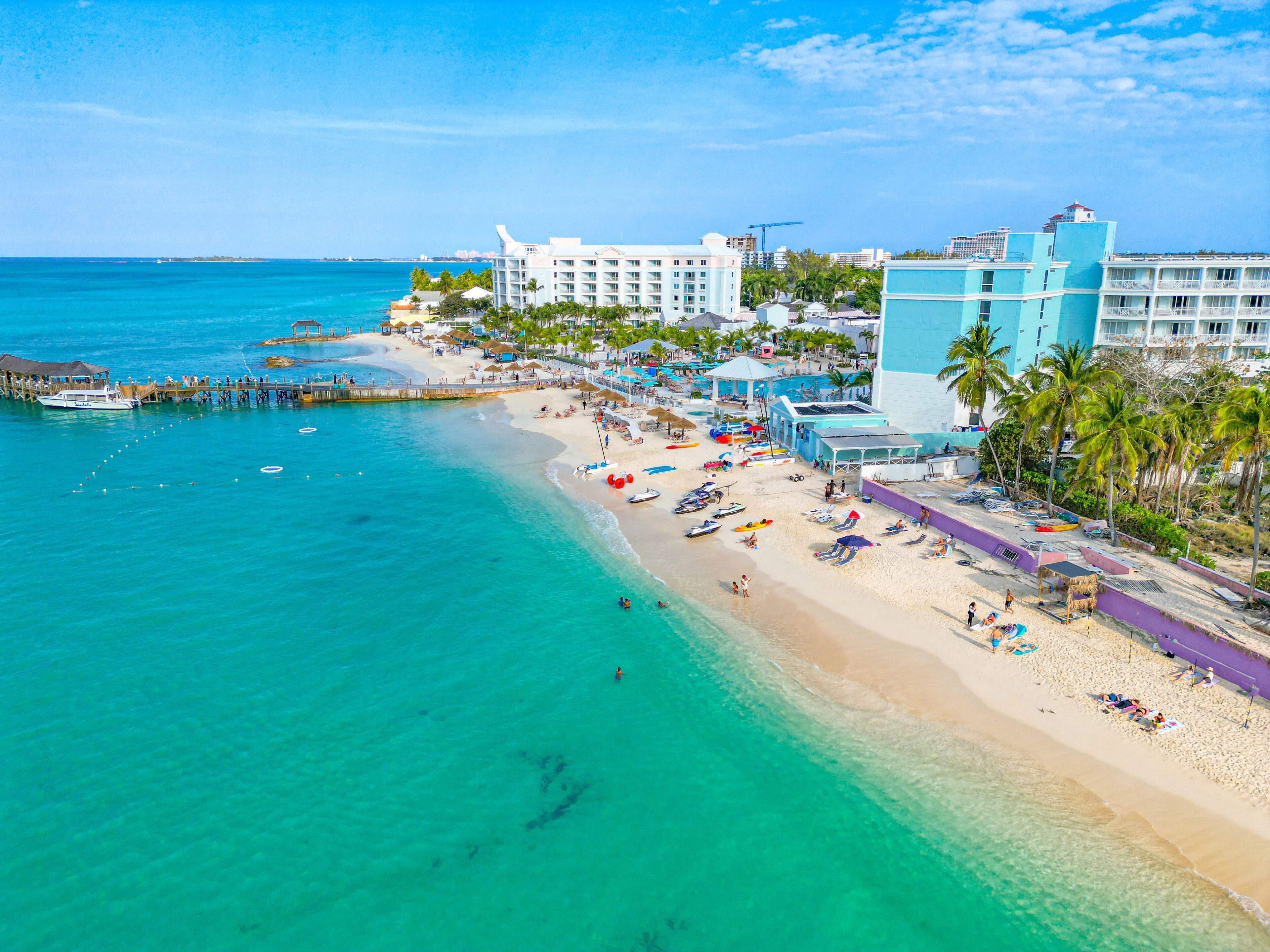 An aerial view of Cable Beach with the resorts and the pier.
