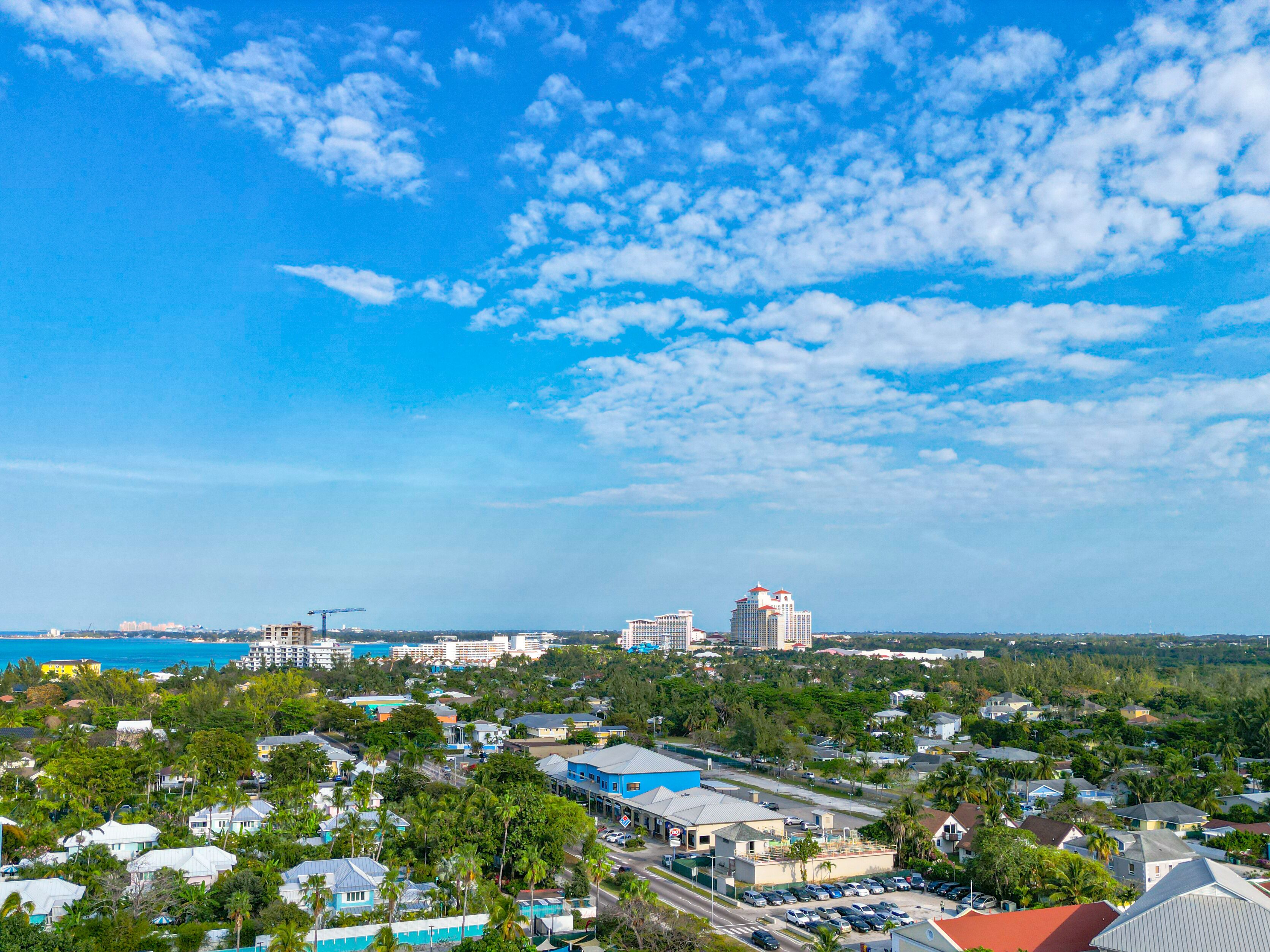 An aerial view of the district, with the resorts on the horizon.