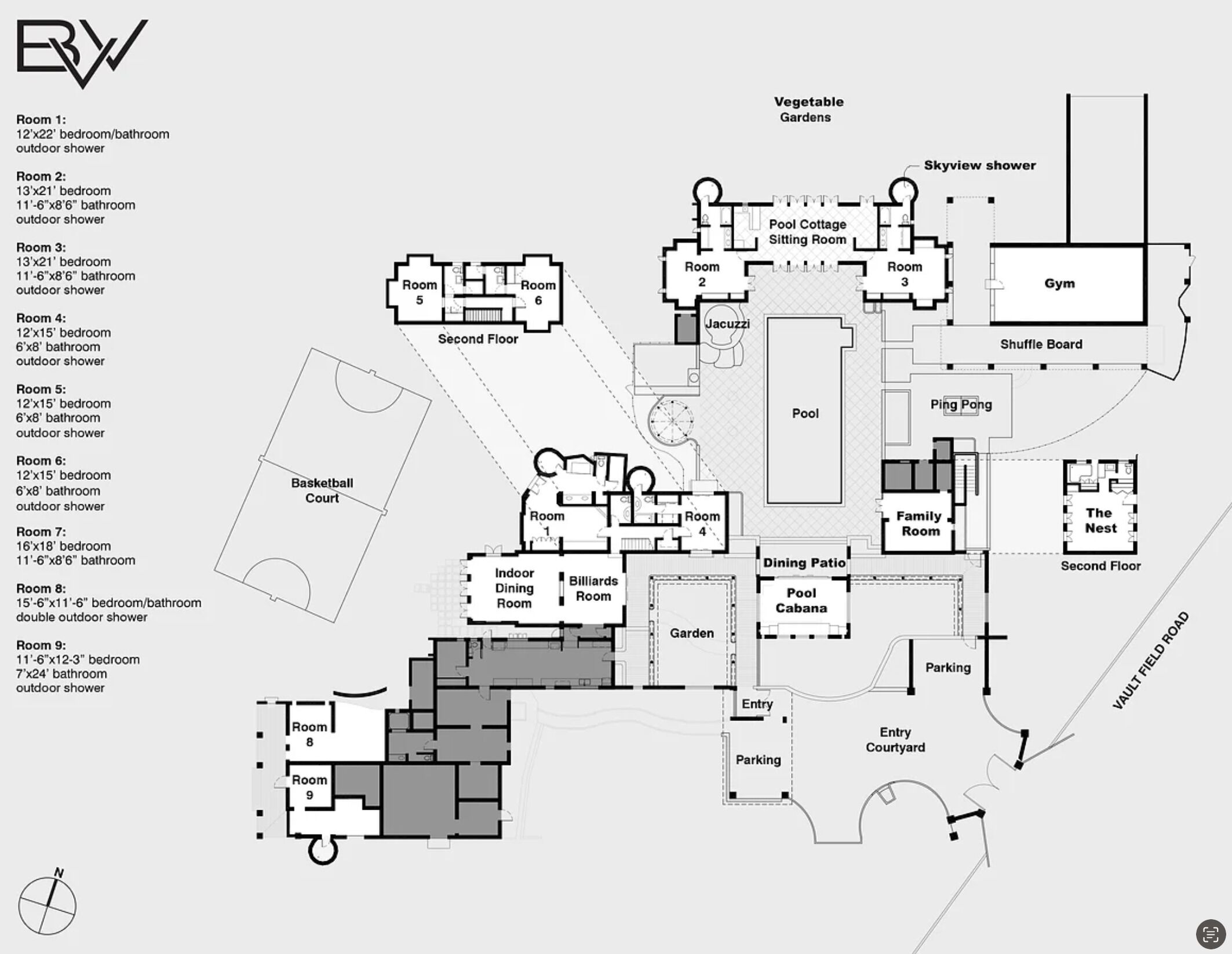 A floor plan of the estate with nine rooms and the pool.