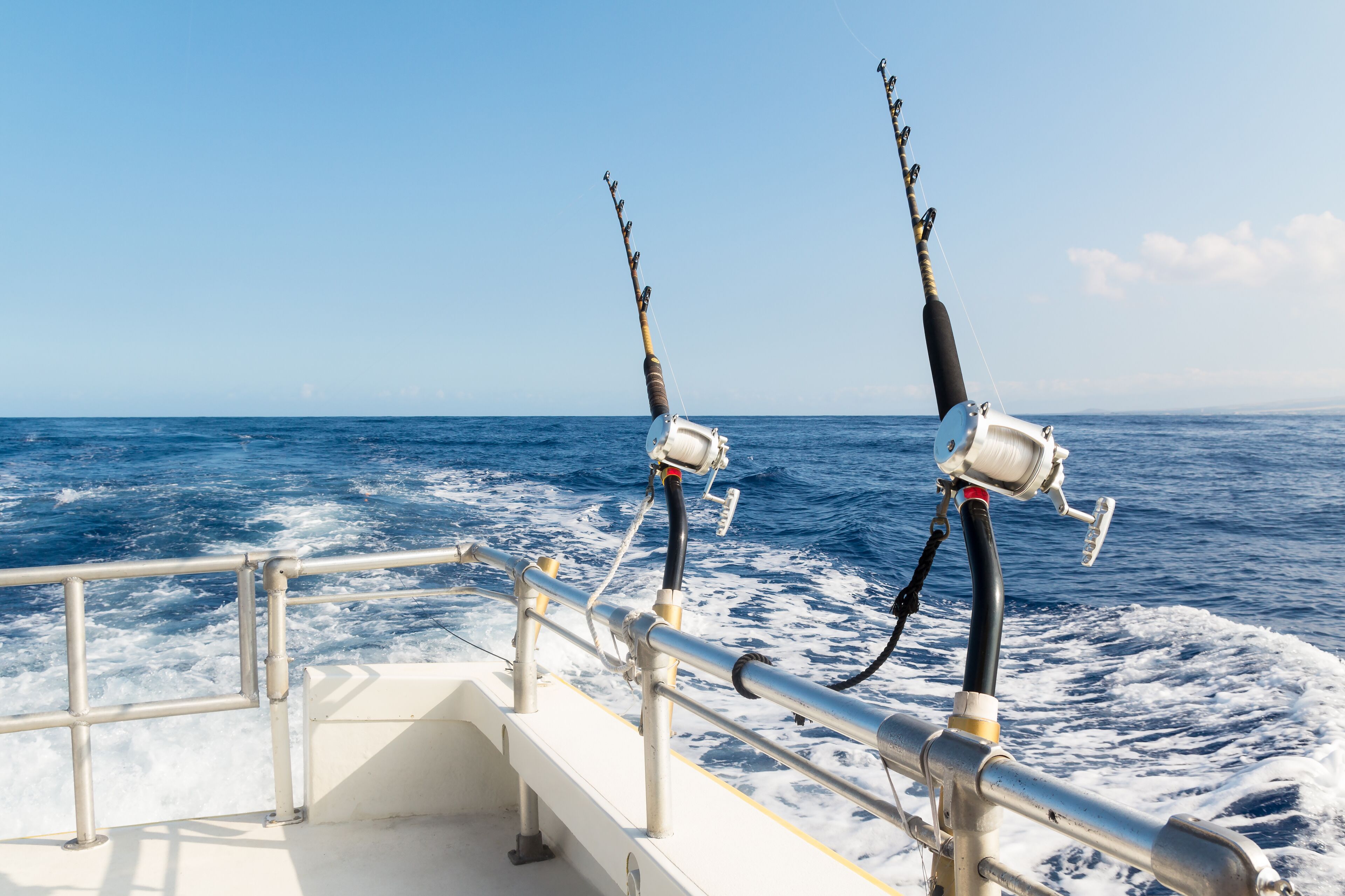 Two fishing rods on the rail of a boat at sea.