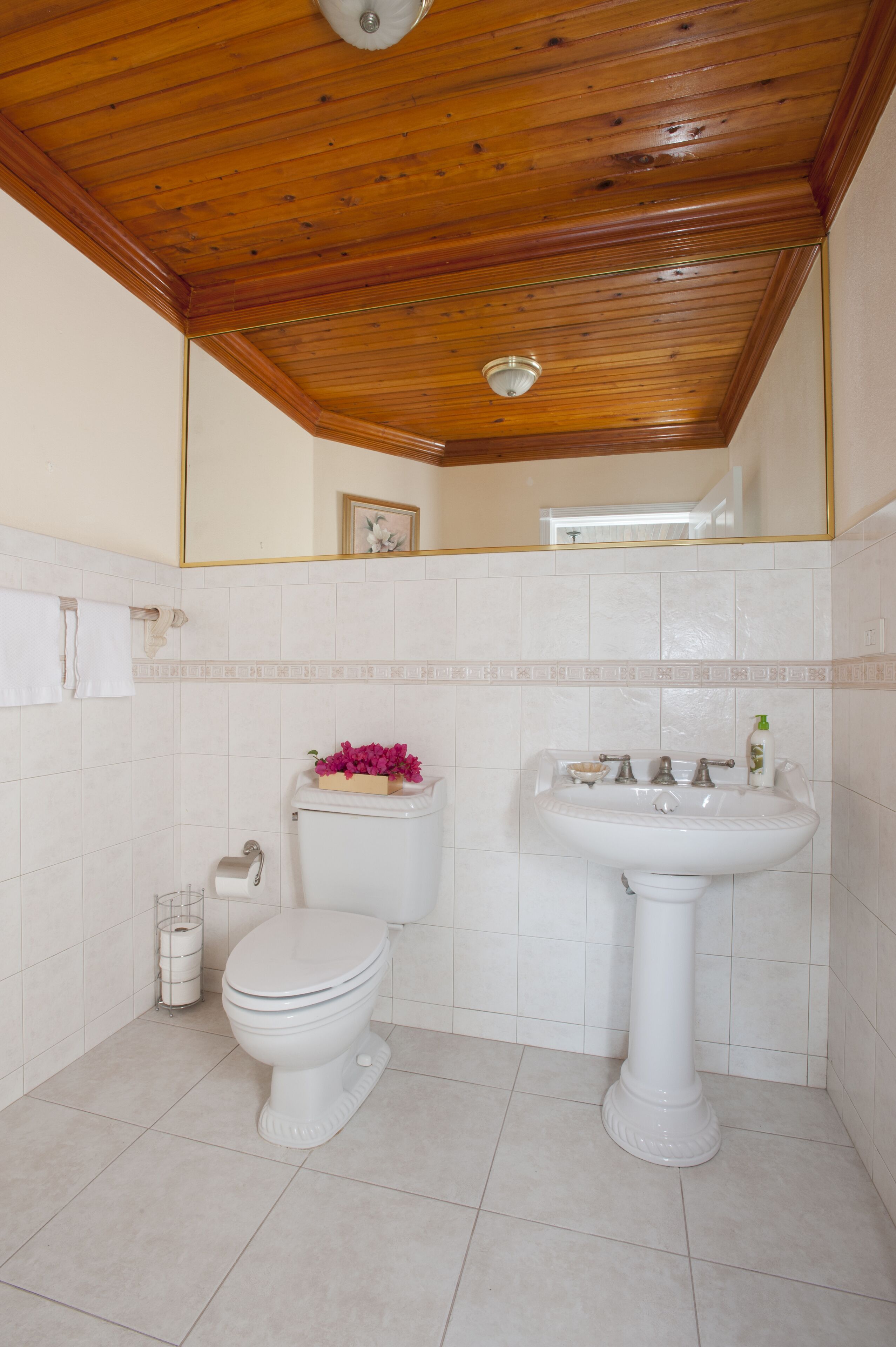 A bathroom with a toilet and a pedestal sink.