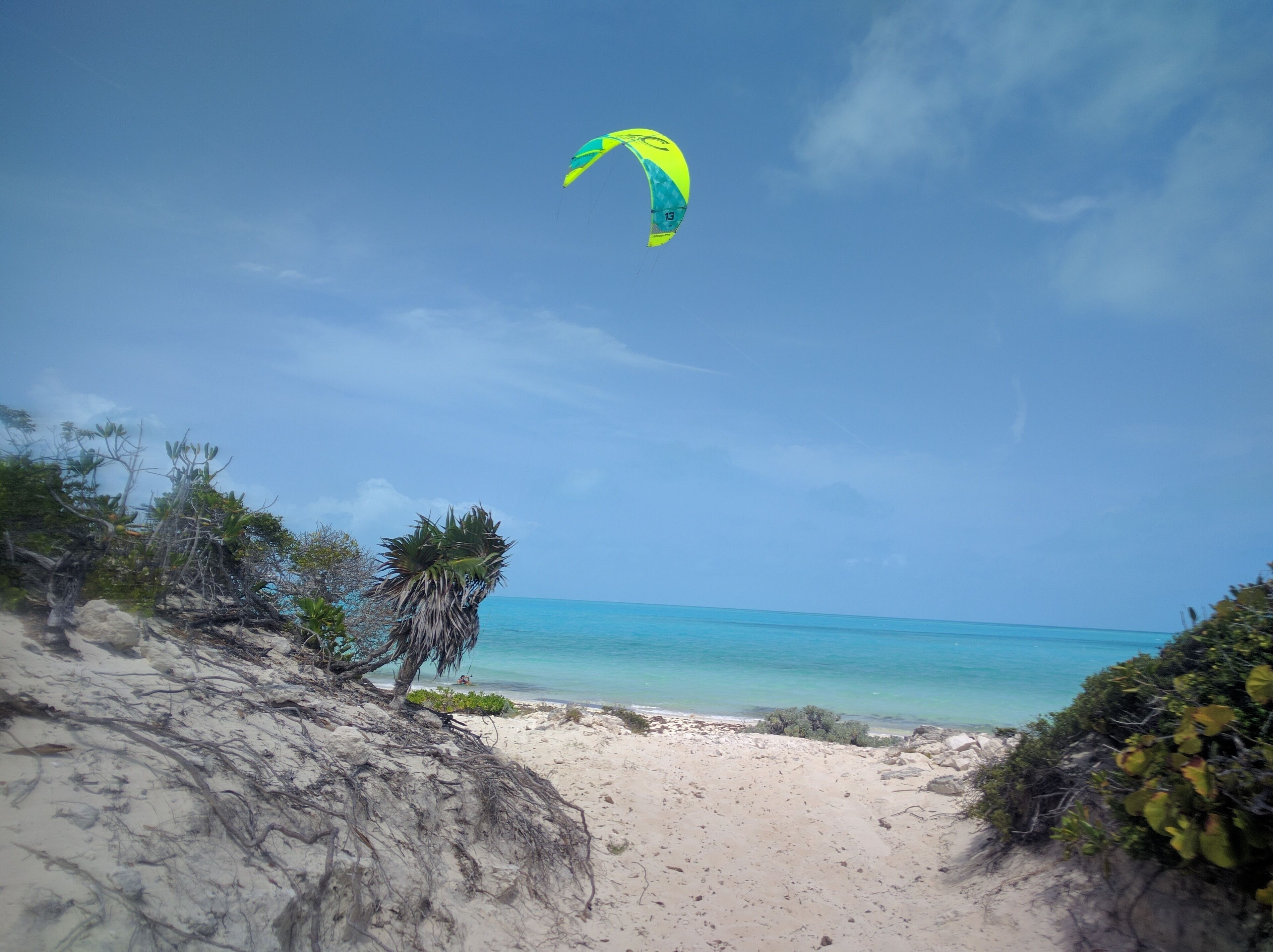 The beach and a kite over the sea.