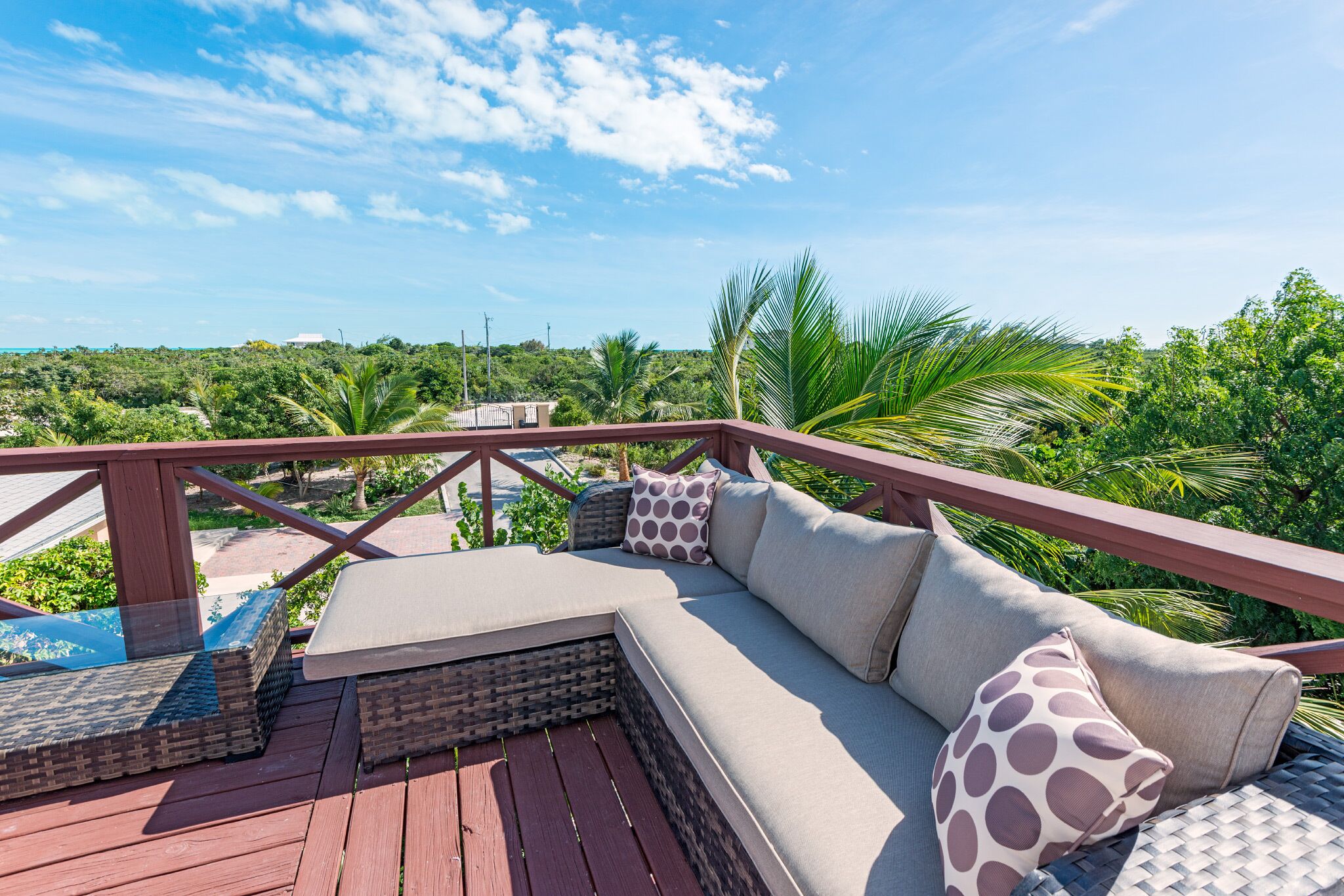 An outdoor sofa on the deck.