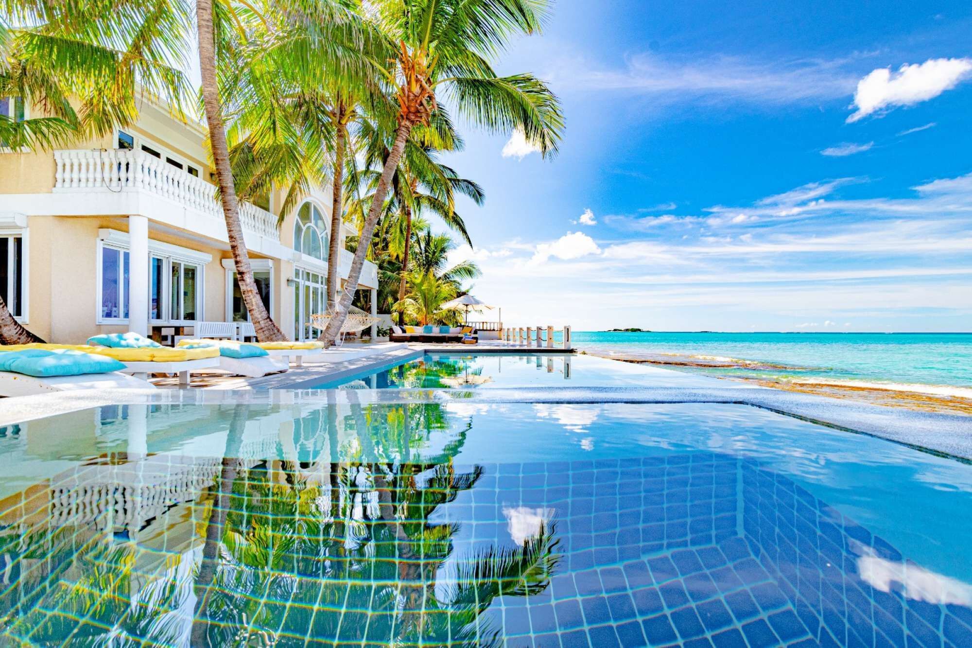 The pool, the villa, and the sea.