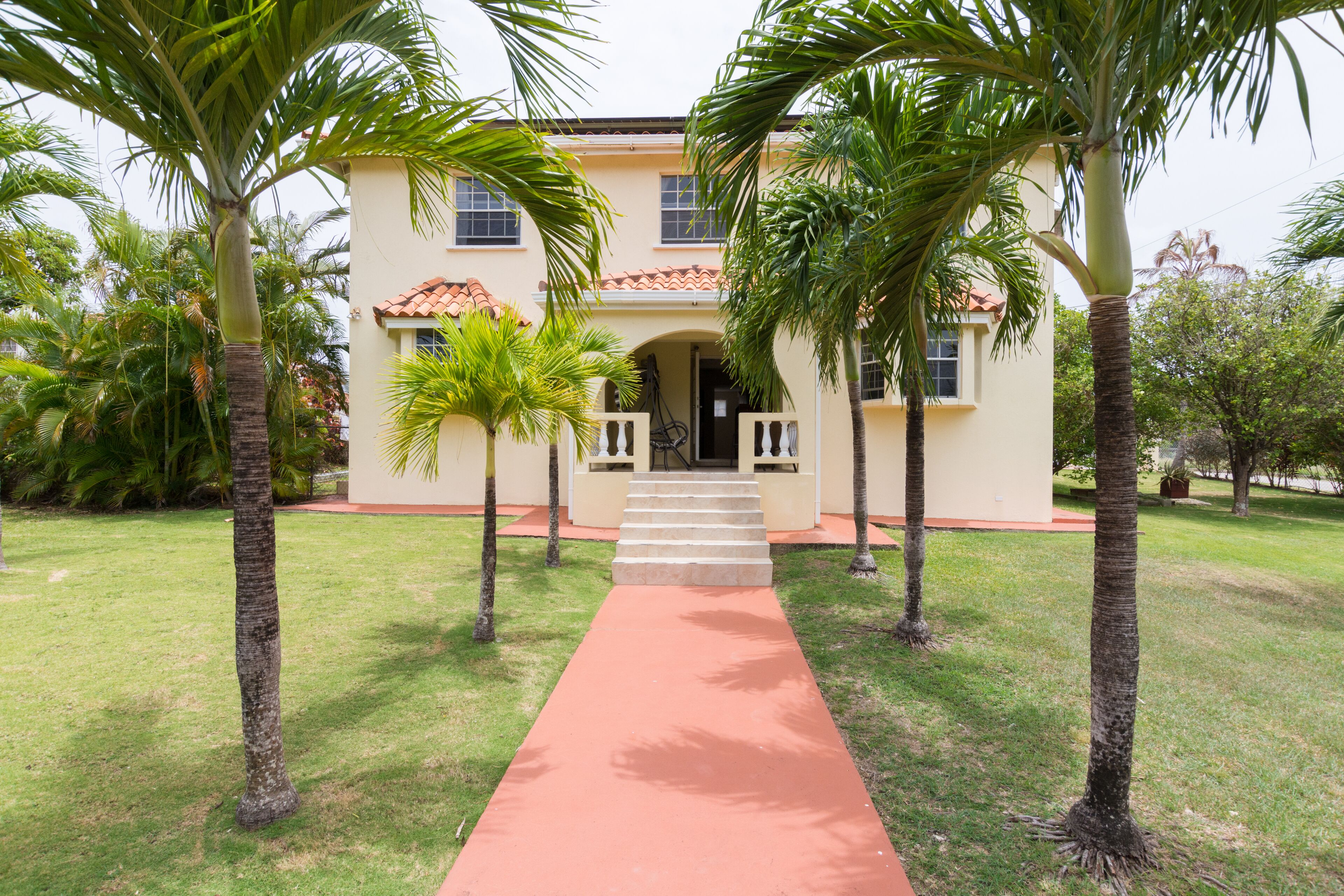 A path with palm trees leads to the front entrance of the villa.