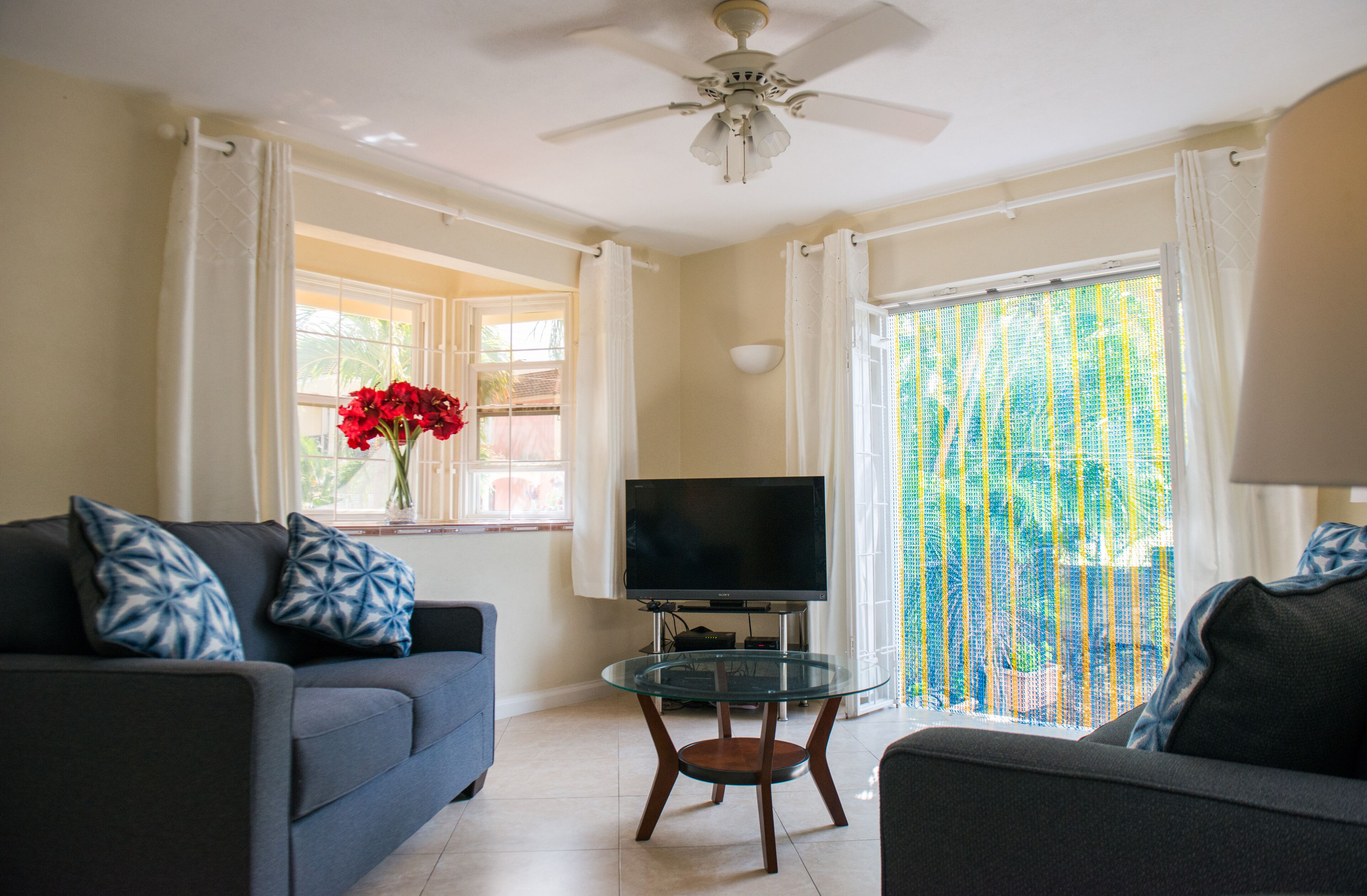 The living room has two blue sofas, a television, and a door to the garden.