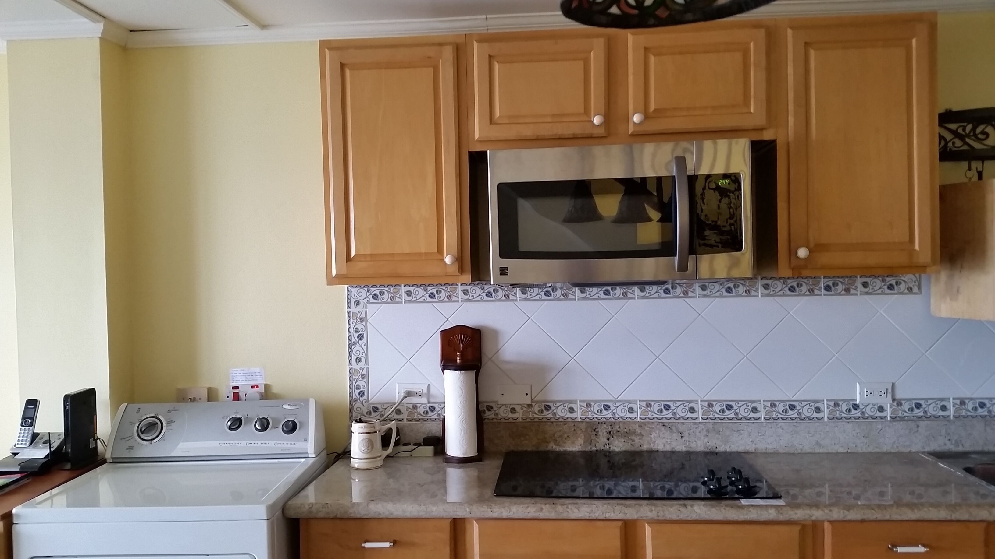 The kitchen with a microwave oven, a cooktop, and a dryer.