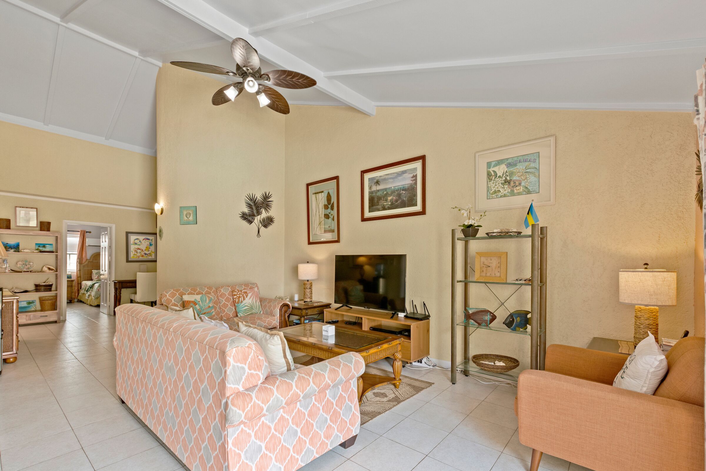The living room with two patterned sofas and a television.