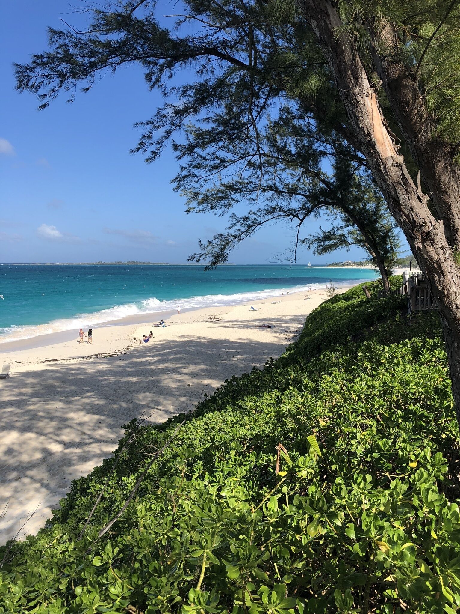 A view of the beach and the turquoise sea from the villa grounds.