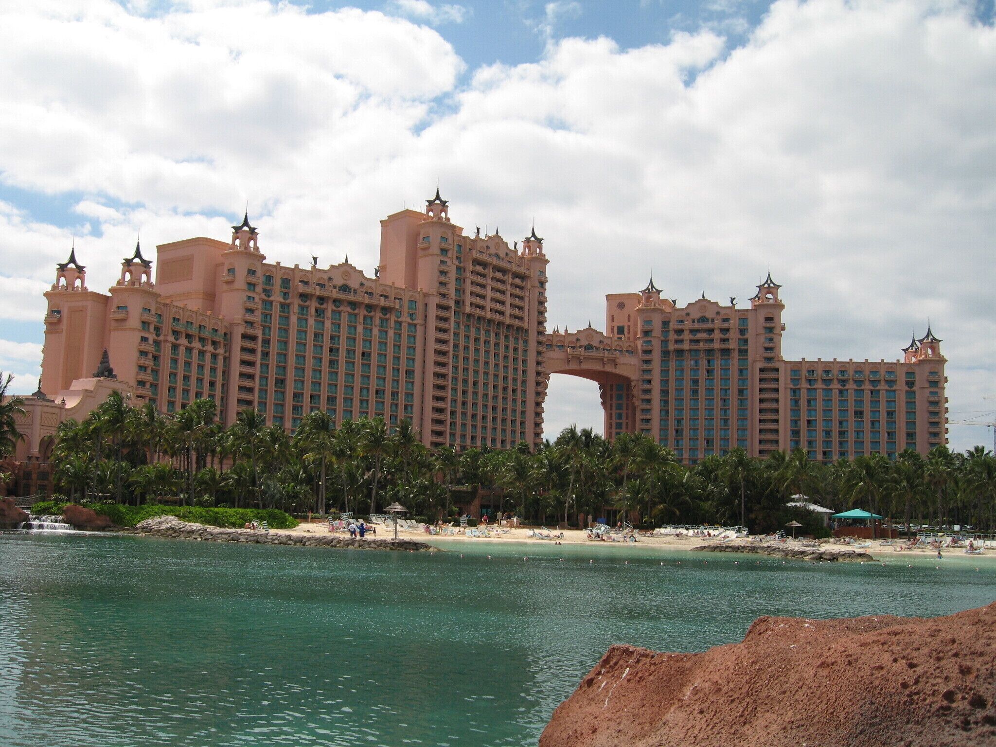The Atlantis resort towers, seen across a lagoon.