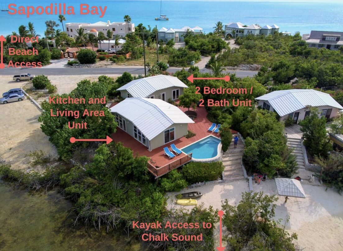 An aerial view with text labels of the houses, the pool, and the bay.