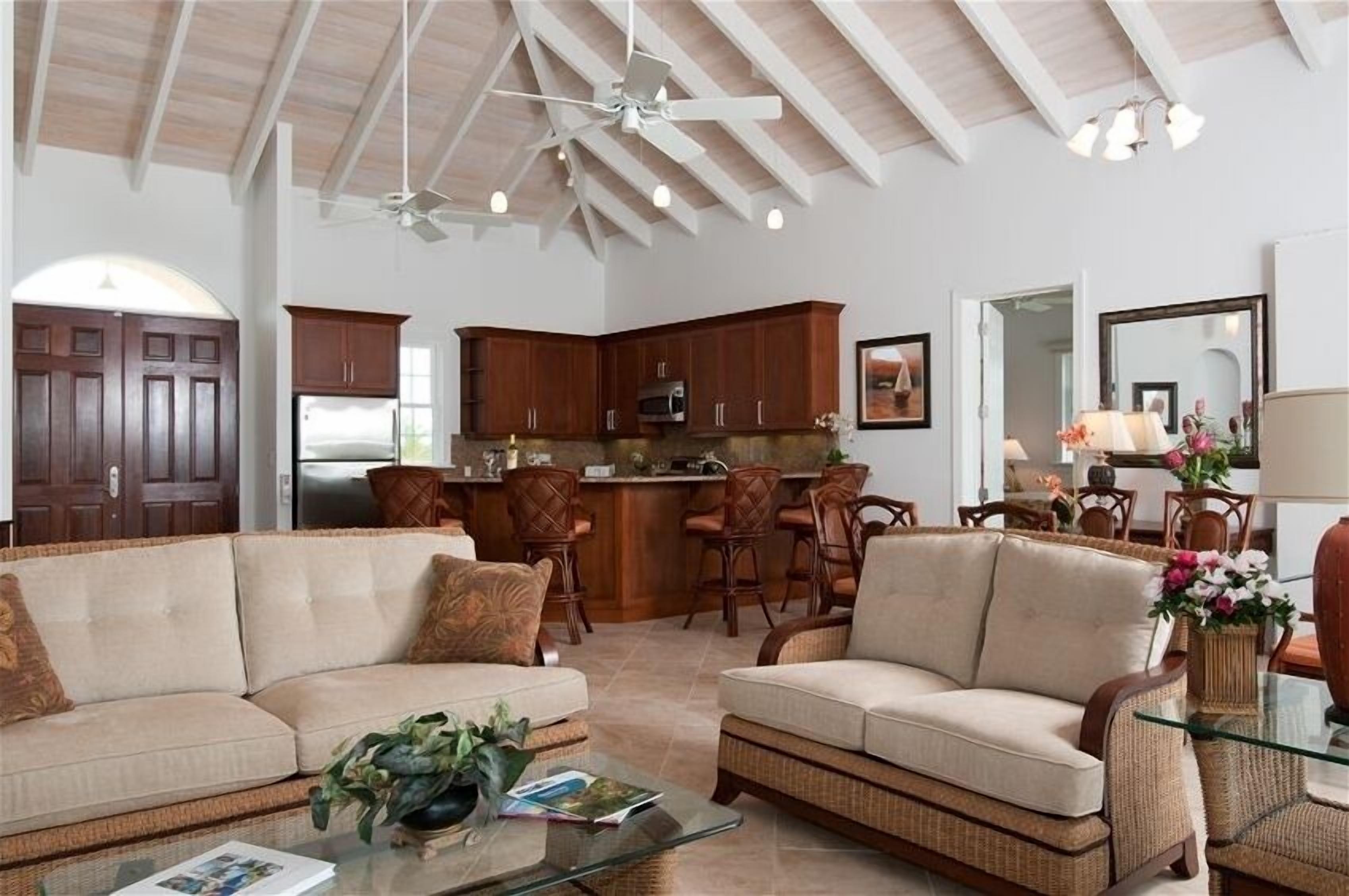The living room with sofas and the open kitchen behind.